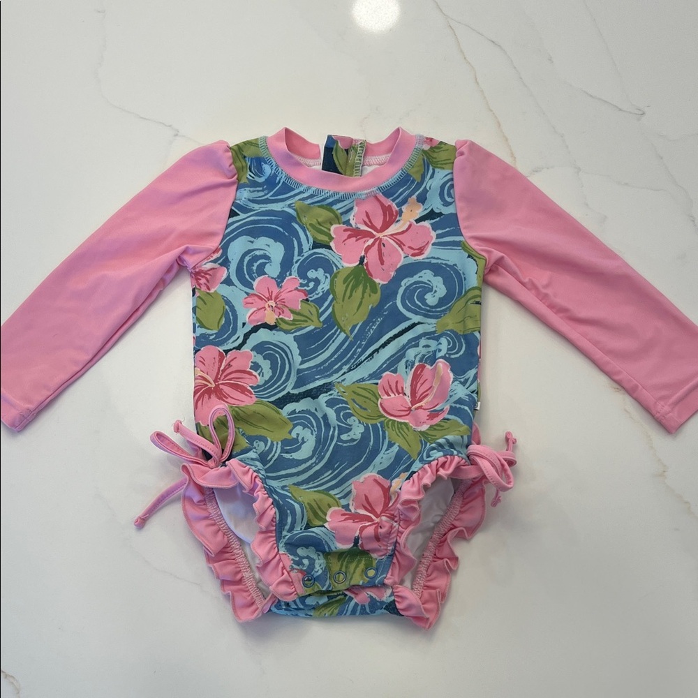 Caden Lane Pink and Blue Floral Baby Swimwear, 12-18 months